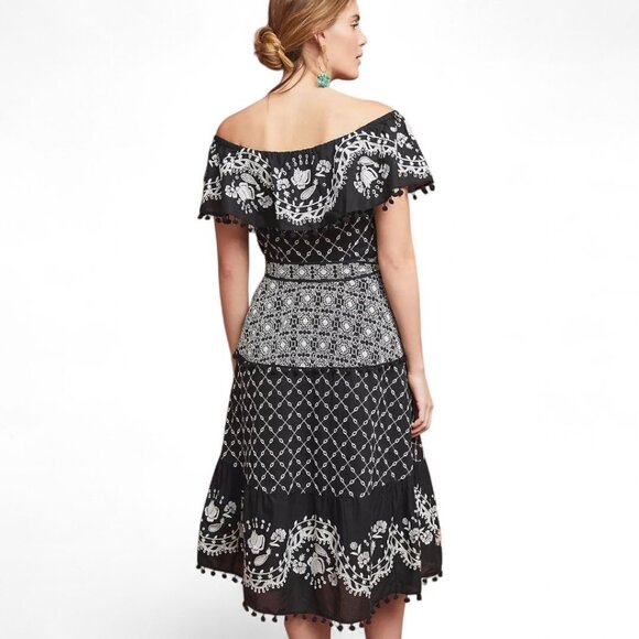 Anthropologie Marisol Size 6 Boho Black & White Embroidered Off-Shoulder Dress - Picture 2 of 11